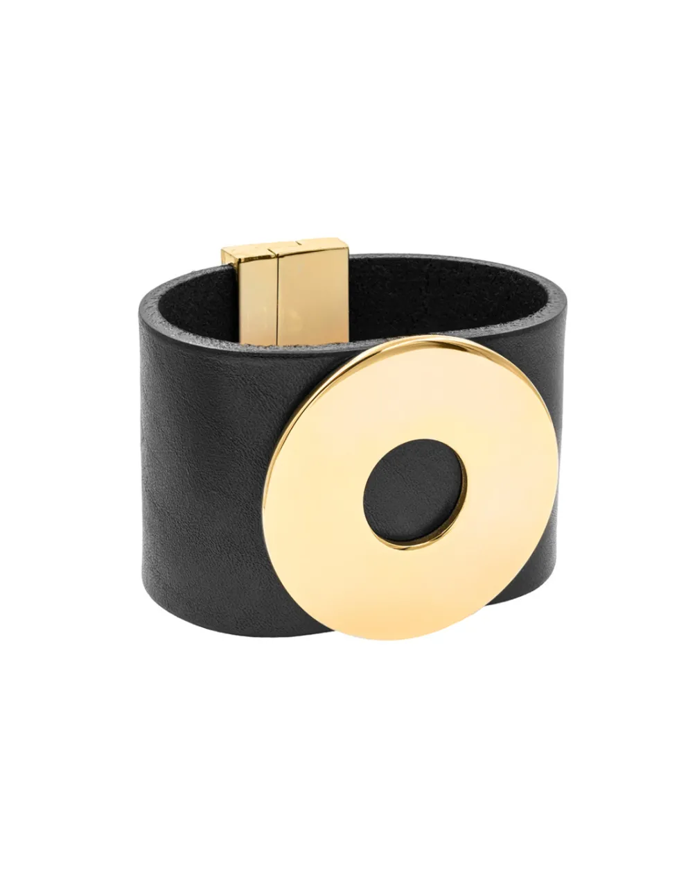 Moora Czarna szeroka bransoleta ze skóry z pozłacanym elementem* Bransolety